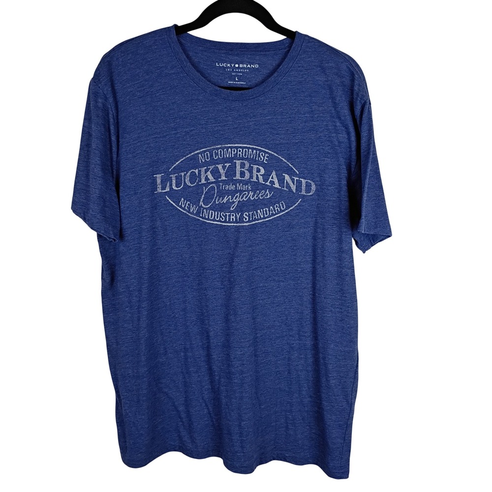 Lucky Brand Mens Blue Graphic T-Shirt Large Dungarees Logo Heathered Tee